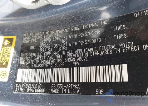 2015 Toyota Highlander Xle z USA, uszkodzony, nr VIN 5TDJKRFH7FS160298